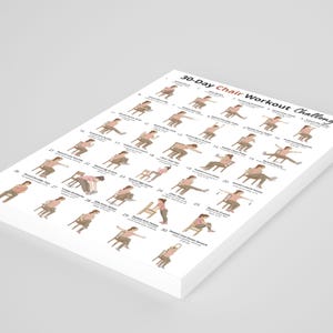 May include: A stack of white paper sheets featuring a 30-Day Chair Workout Challenge. The chart displays illustrations of exercises with instructions. The text is in black and red, with a light grey background.