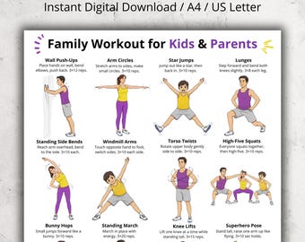 Family Workout for Kids & Parents Printable, Fun Home Exercises Chart, Daily Movement Poster PDF for Children and Adults, Indoor Fitness Art