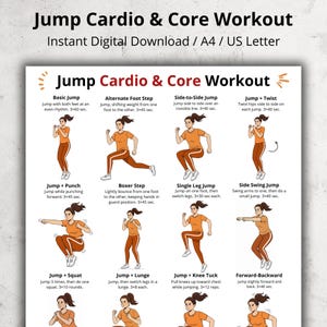 Może przedstawiać: Cyfrowe pobranie zatytułowane "Jump Cardio & Core Workout" z ilustracjami ćwiczeń. Trening obejmuje różne ćwiczenia skokowe, takie jak skoki podstawowe, skoki na boki i przysiady ze skokiem. Dokument A4 zawiera przewodnik wizualny.