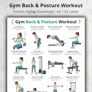 May include: A digital download workout guide titled "Gym Back & Posture Workout" with illustrations of various exercises. The guide includes instructions for exercises like Lat Pulldown, Romanian Deadlift, and Single-Arm Cable Row. The text is in black and green.