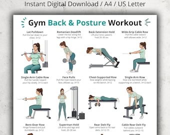 Gym Back & Posture Workout Poster, Dumbbell and Cable Exercises (Digital Download)