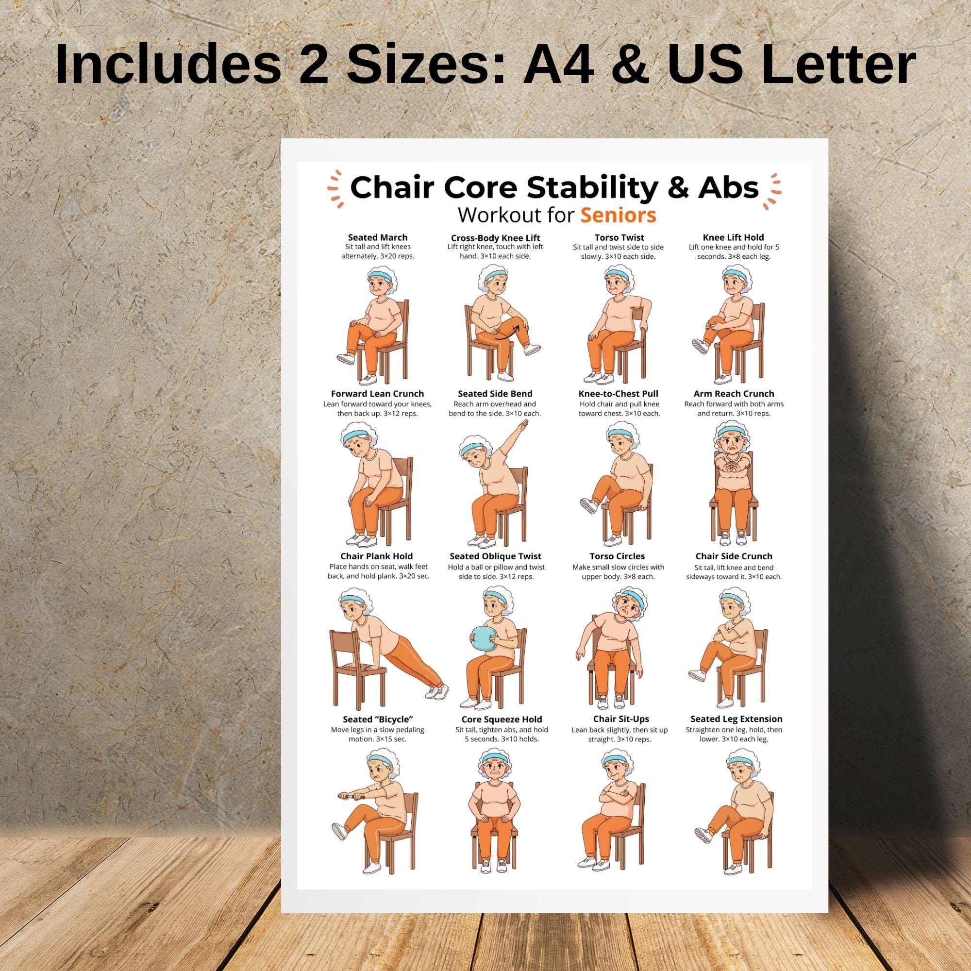 Chair Core & Abs Workout for Seniors Printable Poster, Seated Core ...