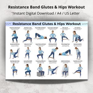 Może przedstawiać: Cyfrowy wykres treningowy zatytułowany "Resistance Band Glutes & Hips Workout". Wykres zawiera ilustrowane ćwiczenia z taśmami oporowymi, w tym przysiady, wykroki i ćwiczenia odwodzenia bioder. Widoczny jest również tekst "Instant Digital Download / A4 / US Letter".