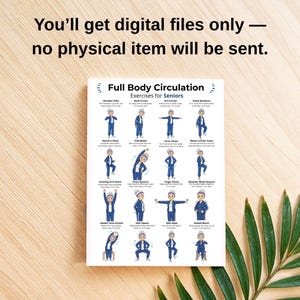 May include: A white poster with the text "Full Body Circulation Exercises for Seniors" and illustrations of exercises. The text "You'll get digital files only - no physical item will be sent" is at the top.