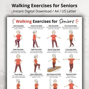 Puede incluir: Una guía imprimible titulada "Ejercicios de marcha para personas mayores" con ilustraciones de varios ejercicios de marcha. Los ejercicios incluyen marcha, talón-punta, paso lateral, giro, paso amplio, rodilla alta, paso desigual, paso cruzado, pausa.