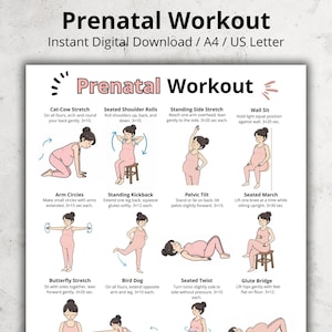 Könnte beinhalten: Ein druckbarer pränataler Trainingsleitfaden mit Übungsillustrationen. Der Titel "Prenatal Workout" steht oben, mit Anweisungen für jede Übung. Der Leitfaden ist für den sofortigen digitalen Download konzipiert und für A4 und US Letter formatiert.