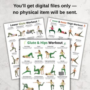 May include: Digital workout guides for glutes, hips, and thighs. The guides include illustrations of exercises such as glute bridges, squats, and lunges. Text at the top reads "You'll get digital files only - no physical item will be sent."