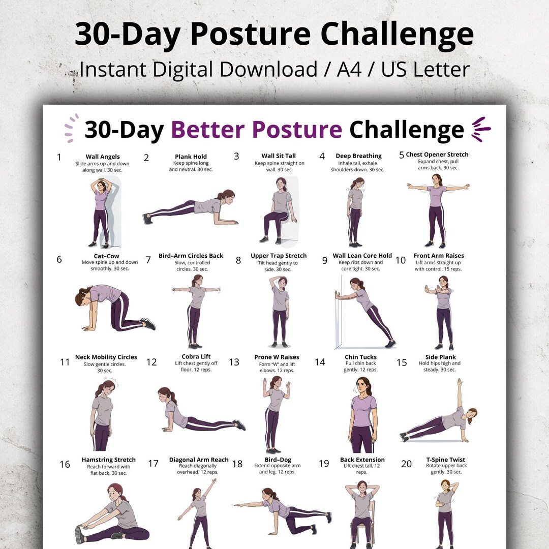 30 Day Posture Exercise Challenge, Stretch and Mobility Chart Printable ...