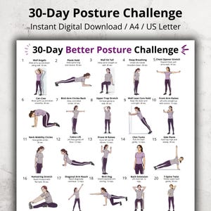 May include: A digital poster for a "30-Day Posture Challenge" with exercises to improve posture. The poster features illustrations and instructions for each exercise, including Wall Angels, Plank Hold, and Deep Breathing. The text is in black and purple.