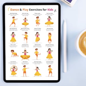 May include: A digital tablet displays a colorful chart titled "Dance & Play Exercises for Kids." The chart features illustrated children demonstrating various exercises, including side steps, spins, jumps, and shimmies. The tablet is black with a white stylus next to it.