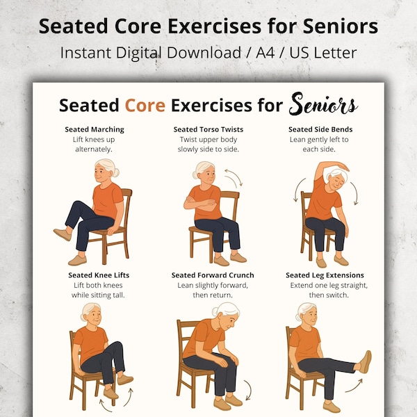 Sitzstuhlkernübungen für Senioren - Sanftes Stuhlkerntraining für ältere Erwachsene, Senior Fitness druckbares PDF, Routine mit geringer Belastung