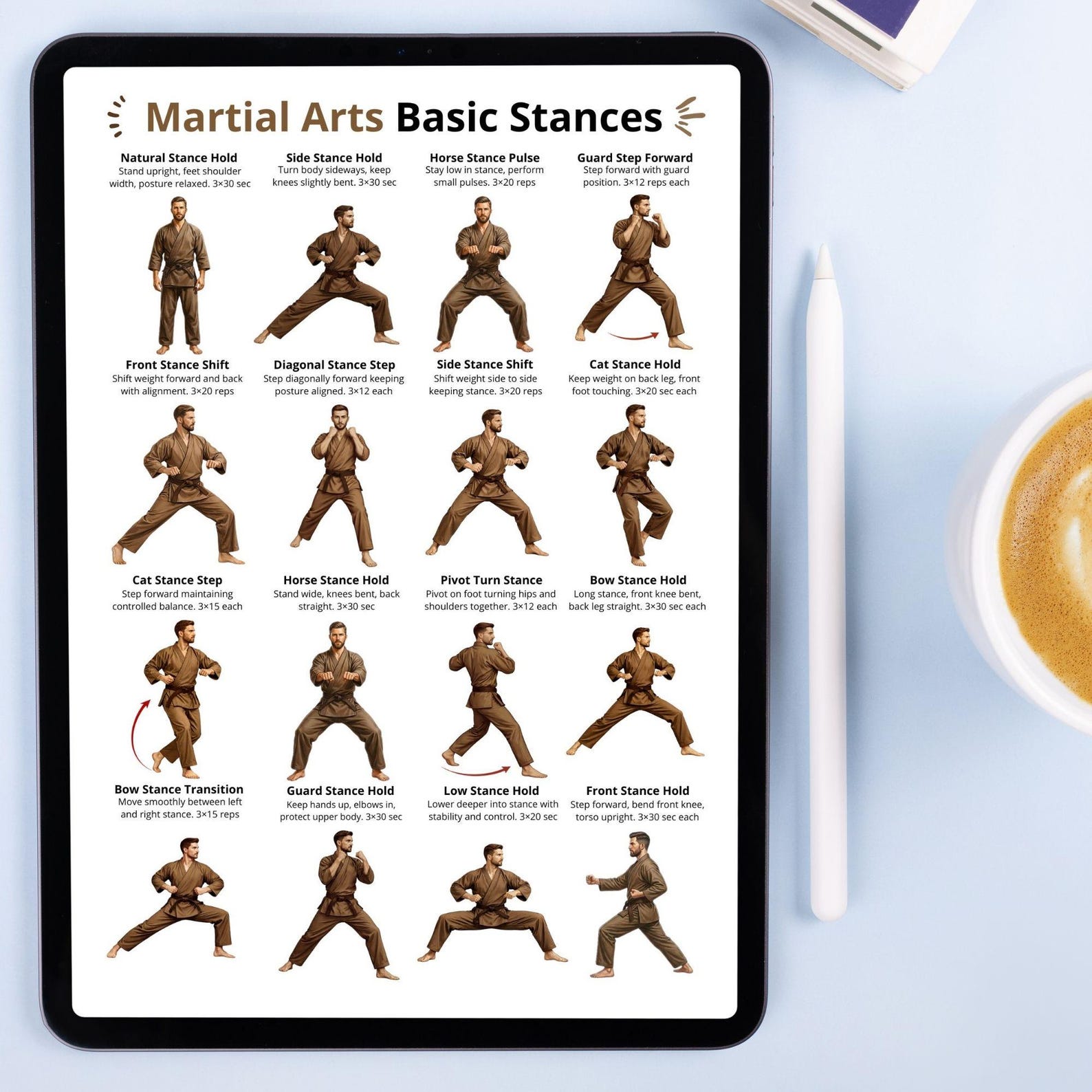 Martial Arts Basic Stances Printable PDF, Karate Kung Fu Taekwondo ...