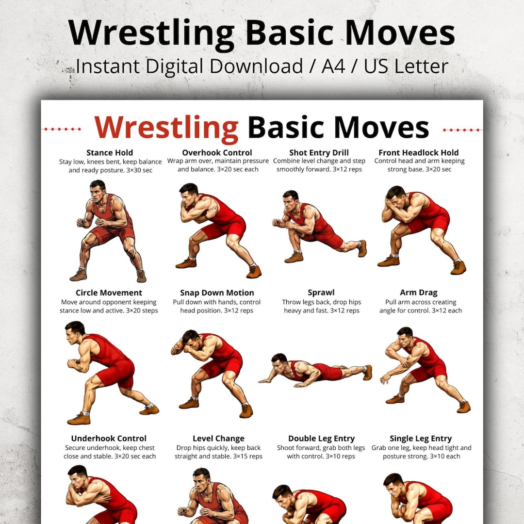 Wrestling Basic Moves Chart Printable, Wrestling Exercises, Wrestling Techniques Poster, Martial ...