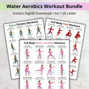 Könnte beinhalten: Ein Bundle mit druckbaren Wasser-Aerobic-Trainingsanleitungen. Die Anleitungen enthalten Illustrationen und Anweisungen für verschiedene Übungen, wie z. B. Wassermarsch, Armkreisen und Knieheben. Der Text auf den Anleitungen lautet "Water Aerobics Workout Bundle".