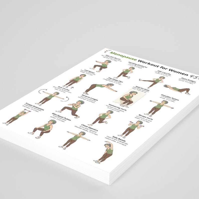 Puede incluir: Una pila de hojas de papel blancas con una rutina de ejercicios impresa. El texto dice "Menopause Workout for Women 45+" con ilustraciones de ejercicios como flexiones de isquiotibiales, mini sentadillas y flexiones laterales. Las ilustraciones muestran a una persona con ropa marr&oacute;n y verde.