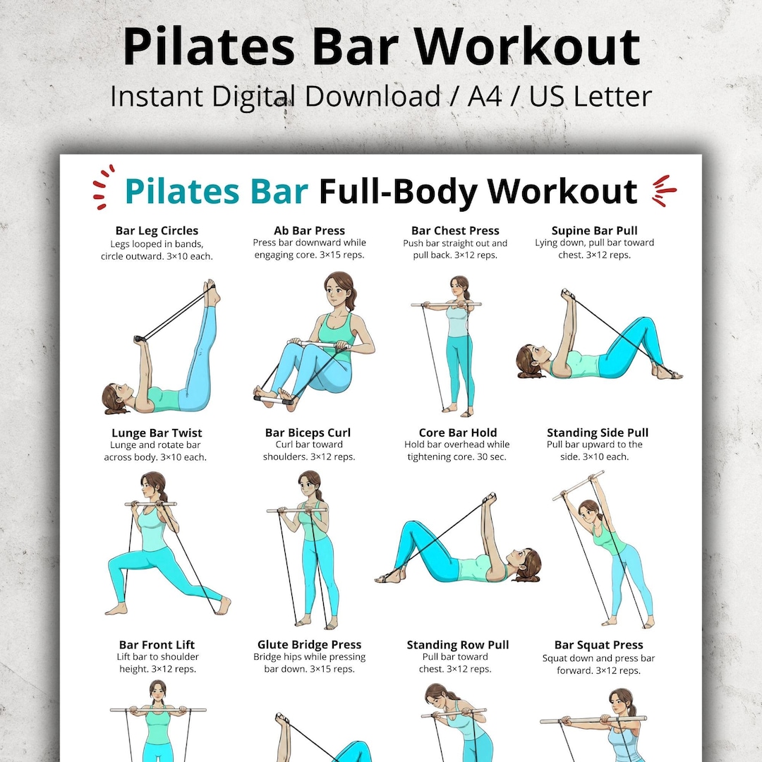 Pilates Bar Workout Poster, Full Body Exercise Chart Printable