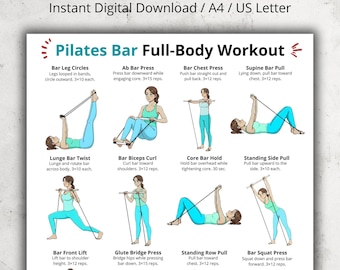 Pilates Bar Workout Poster, Full Body Exercise Chart Printable, Pilates Bar Exercises for Home, Fitness Wall Art, Digital Download Workout