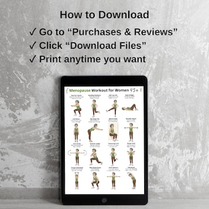 Puede incluir: Una tableta negra muestra una gu&iacute;a de ejercicios titulada "Menopause Workout for Women 45+". La gu&iacute;a presenta ejercicios ilustrados con instrucciones. Encima de la tableta, el texto dice "How to Download" con los pasos para acceder al archivo.