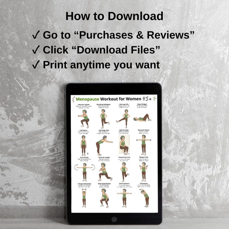 Puede incluir: Una tableta negra muestra una gu&iacute;a de ejercicios titulada "Menopause Workout for Women 45+". La gu&iacute;a presenta ejercicios ilustrados con instrucciones. Encima de la tableta, el texto dice "How to Download" con los pasos para acceder al archivo.