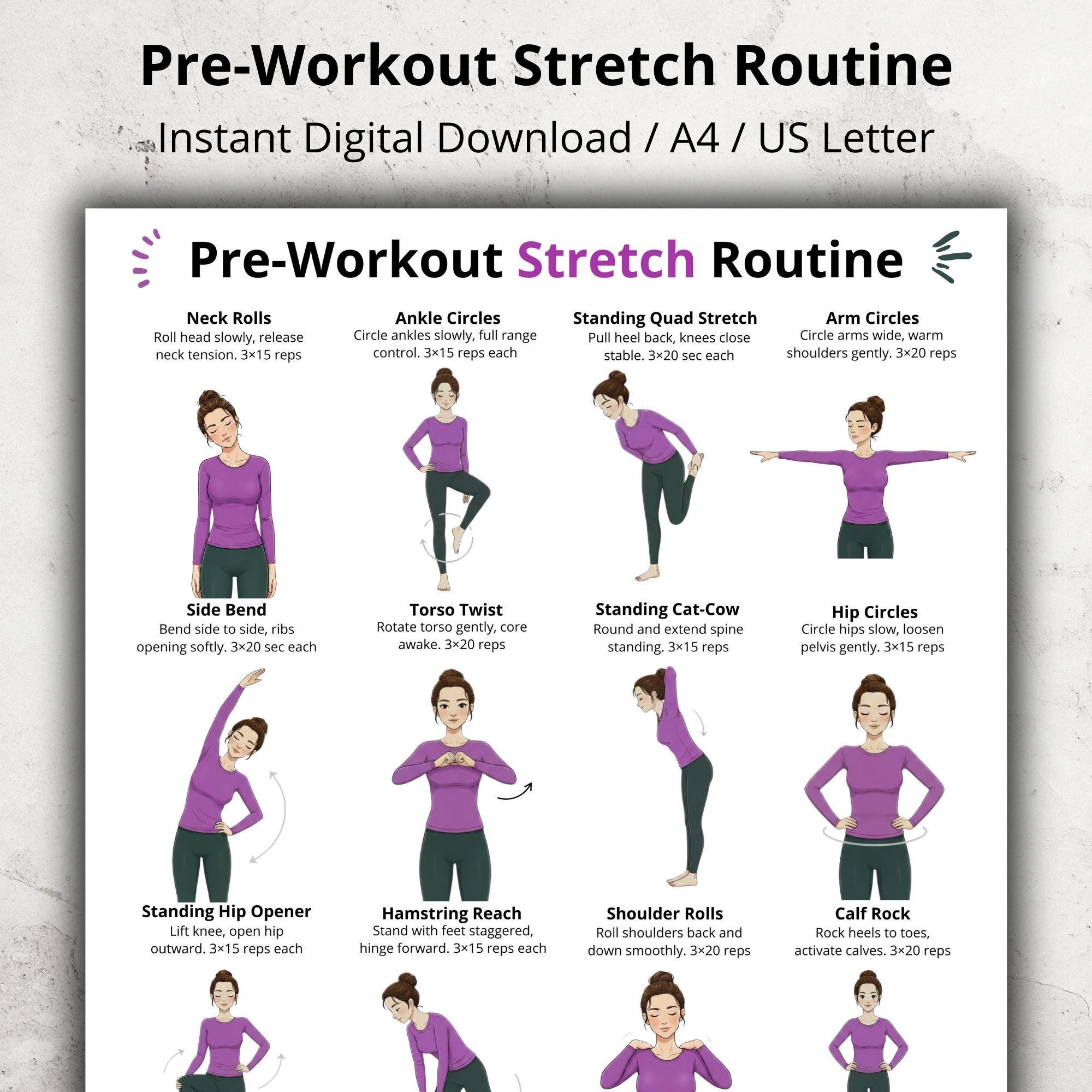 Pre Workout Stretch Routine Poster PDF, Dynamic Warm up Stretch ...