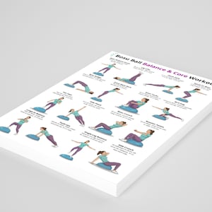 May include: A stack of white paper sheets featuring a Bosu Ball Balance & Core Workout guide. The guide includes illustrations of various exercises, such as lunges, push-ups, and crunches, performed on a blue Bosu ball.