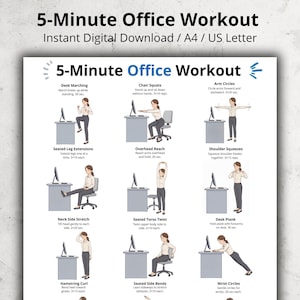 May include: A printable digital download titled "5-Minute Office Workout" with exercise illustrations. The exercises include desk marching, chair squats, arm circles, seated leg extensions, overhead reach, shoulder squeezes, neck side stretch, seated torso twist, desk plank, hamstring curl, seated side bends, and wrist circles.