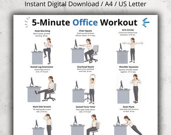 Allenamento da ufficio stampabile di 5 minuti, esercizi sulla sedia al lavoro, poster di esercizi alla scrivania, tabella di stretching in ufficio, download del PDF sugli esercizi sul posto di lavoro