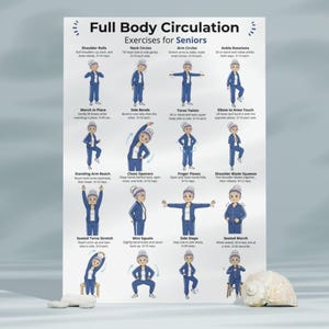 May include: A poster titled "Full Body Circulation Exercises for Seniors" features illustrations of various exercises. The exercises include shoulder rolls, neck circles, arm circles, ankle rotations, marching in place, side bends, torso twists, and elbow to knee touch.