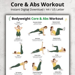 Puede incluir: Una guía de entrenamiento digital titulada "Bodyweight Core & Abs Workout". La guía presenta ejercicios ilustrados que incluyen abdominales, escaladores de montaña, elevaciones de piernas, planchas laterales y más. La guía está diseñada para tamaños A4 y US Letter.