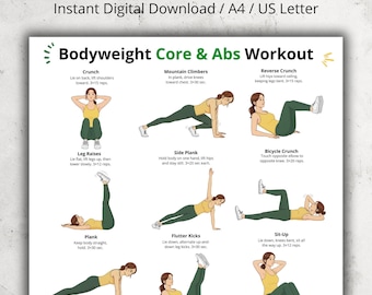 Póster de ejercicios de abdominales y core con peso corporal, lámina imprimible para ejercicios en casa, PDF con imágenes de ejercicios abdominales, decoración de pared para gimnasio en casa con ejercicios de core