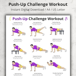 Puede incluir: Una guía de entrenamiento imprimible titulada "Push-Up Challenge Workout" con varios ejercicios de flexiones ilustrados. La guía incluye ejercicios como flexiones estándar, a una pierna, declinadas, inclinadas, de agarre cerrado, Spiderman, anchas, explosivas, con palmada, de rodillas, arquero y toque de hombro.