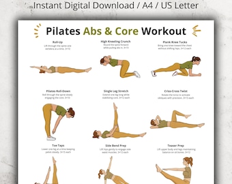 Pilates Abs & Core Workout Poster, Pilates Core Exercise Chart Printable, Pilates Ab Exercises, At Home Pilates Floor Workout PDF for Women
