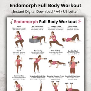May include: A digital workout guide titled "Endomorph Full Body Workout" with illustrations of exercises including squats, lunges, and dumbbell curls. The guide is designed for A4 and US Letter sizes.