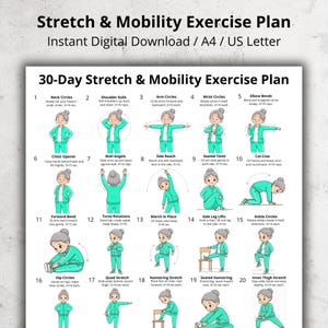 Könnte beinhalten: Ein digitaler Trainingsplan mit dem Titel "Stretch & Mobility Exercise Plan" mit Illustrationen verschiedener Dehnübungen. Der Plan ist für ein 30-Tage-Programm konzipiert und umfasst Übungen wie Nackenrollen, Schulterkreisen und Hüftkreisen.