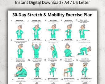 30 Day Stretch & Mobility Exercises for Seniors | Gentle Daily Flexibility Chart Poster PDF | Low Impact Yoga Printable for Older Adults