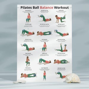 May include: A Pilates Ball Balance Workout poster with illustrations of various exercises. The poster features instructions for exercises like Seated Balance, Mini Ball Bridge, and Reverse Crunch. The exercises are demonstrated with a person and a Pilates ball.