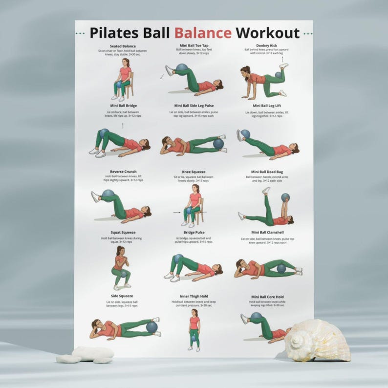May include: A Pilates Ball Balance Workout poster with illustrations of various exercises. The poster features instructions for exercises like Seated Balance, Mini Ball Bridge, and Reverse Crunch. The exercises are demonstrated with a person and a Pilates ball.
