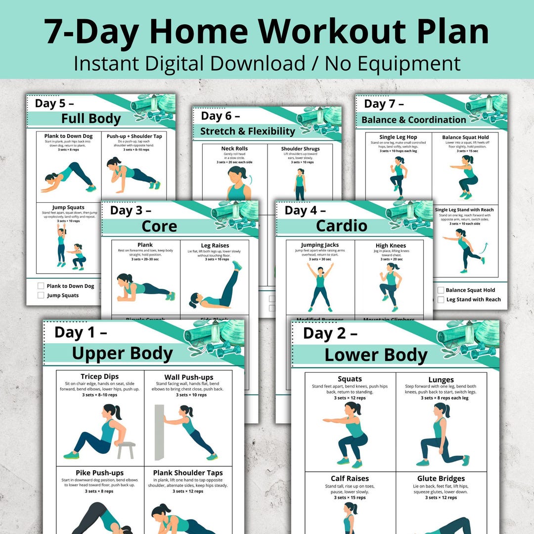 7-day Home Workout Plan for Women – Printable Exercise Chart, Full Body ...