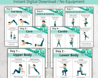 7-Day Home Workout Plan for Women – Printable Exercise Chart, Full Body + Core & Stretching Routine, No Equipment Weekly Workout PDF