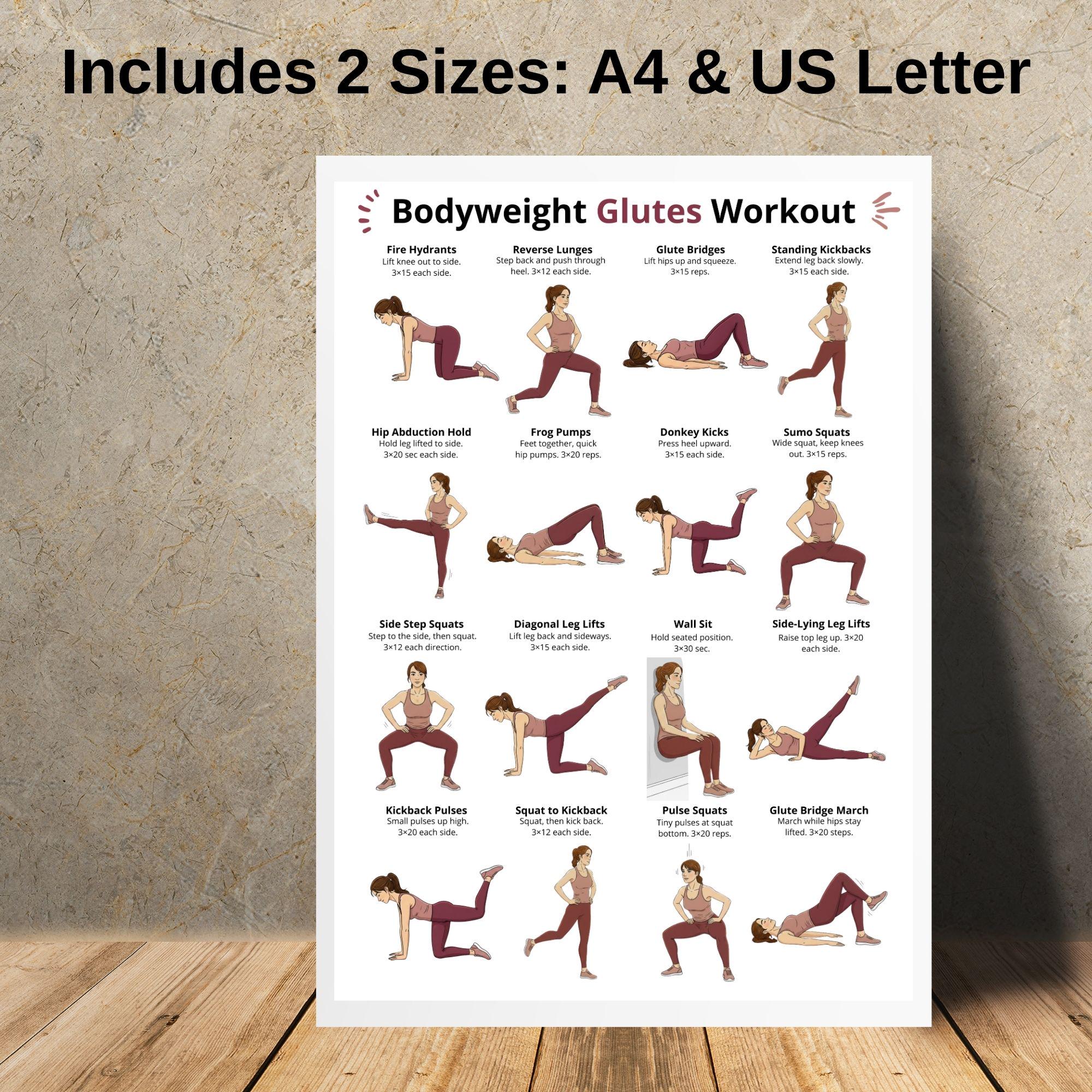 Bodyweight Glutes Workout Poster, Glute & Hips Exercise Chart Printable ...