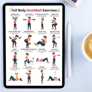 May include: A digital tablet displays a workout guide titled "Full Body Dumbbell Exercises." The guide features illustrated exercises like shoulder press, lateral raises, and goblet squats. The tablet is next to a white stylus and a cup of coffee.