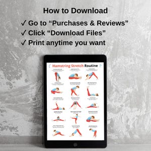 May include: A black tablet displays a "Hamstring Stretch Routine" guide with illustrated exercises. The tablet is set against a gray textured background. Above the tablet, text reads "How to Download" with instructions.