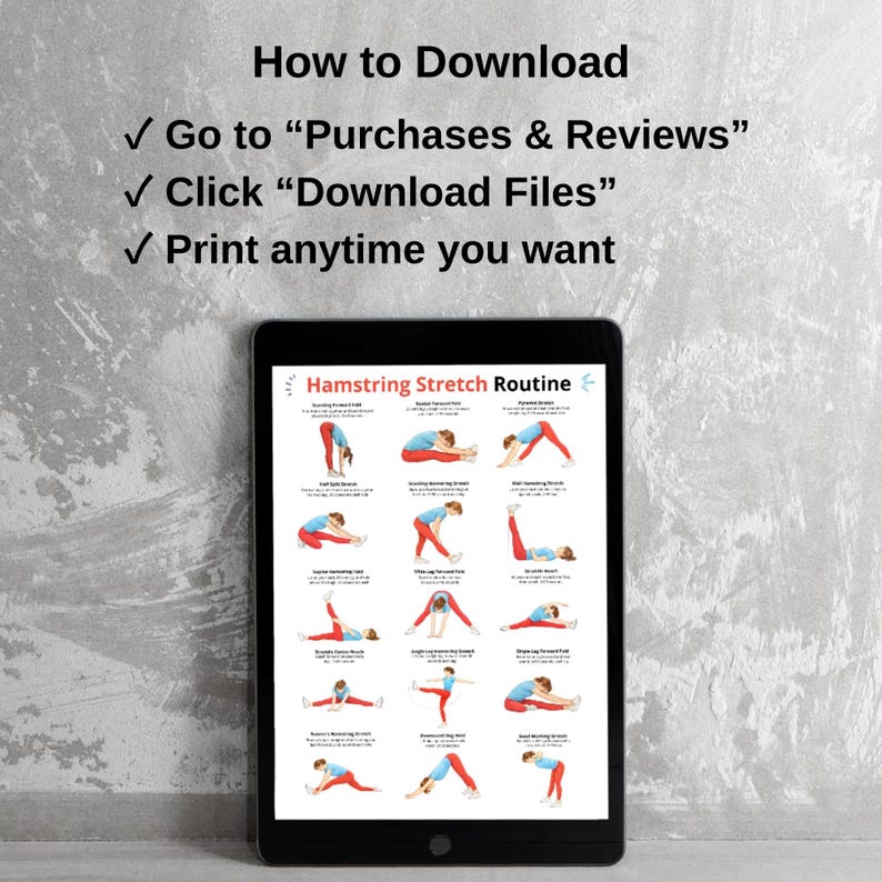 May include: A black tablet displays a "Hamstring Stretch Routine" guide with illustrated exercises. The tablet is set against a gray textured background. Above the tablet, text reads "How to Download" with instructions.