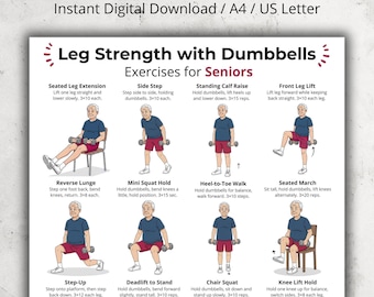 Beintraining mit Kurzhanteln für Senioren, Stuhlübungen Diagramm PDF, Unterkörper-Hanteltraining, Heimtraining Poster, Fitness Wandkunst