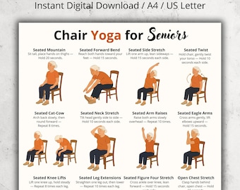 Yoga en silla para personas mayores: tabla imprimible de yoga sentado con 16 posturas suaves para adultos mayores, rutina de ejercicios en silla (PDF, descarga instantánea)