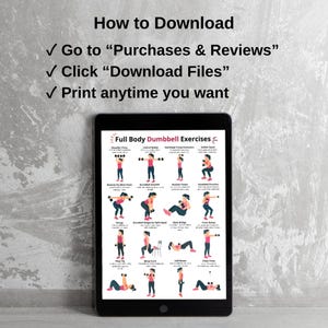 May include: A black tablet displays a "Full Body Dumbbell Exercises" chart with illustrated workout poses. The tablet is set against a gray textured wall. Above the tablet, text reads "How to Download" with instructions to access the file.