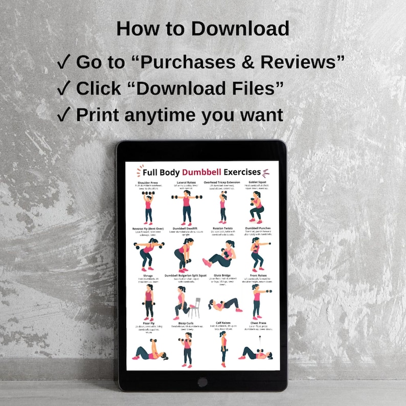 May include: A black tablet displays a "Full Body Dumbbell Exercises" chart with illustrated workout poses. The tablet is set against a gray textured wall. Above the tablet, text reads "How to Download" with instructions to access the file.