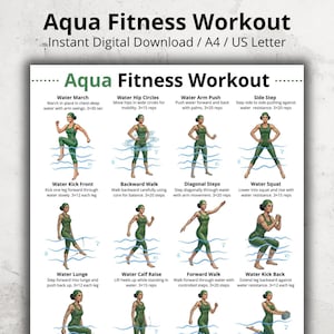 May include: A digital print titled "Aqua Fitness Workout" with illustrated exercises. The exercises include water march, hip circles, arm push, side step, kick front, backward walk, diagonal steps, squat, lunge, calf raise, forward walk, and kick back.