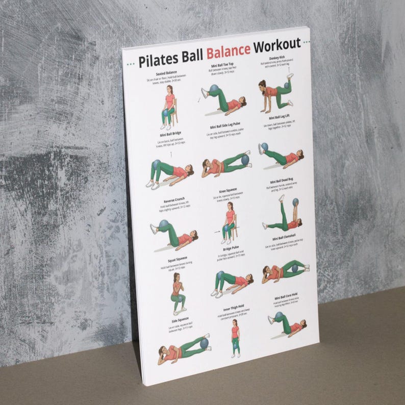 May include: A white Pilates Ball Balance Workout poster with illustrations of exercises. The poster features a variety of exercises, including seated balance, mini ball toe tap, and donkey kick. The poster is displayed against a gray wall.