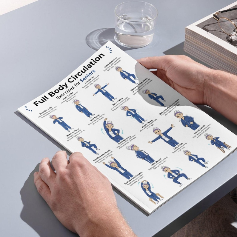 May include: A printed page titled "Full Body Circulation Exercises for Seniors" held by a person. The page features illustrations of various exercises, including arm circles, side bends, and torso twists. The exercises are demonstrated by cartoon figures in blue outfits.